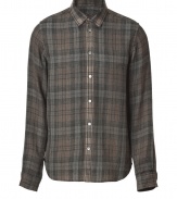 Rugged casual looks get a chic urban remake in Marc by Marc Jacobs tonal grey wool plaid shirt - Long sleeves, buttoned cuffs, button-down front, shirttail hemline, lightly tailored - Pair with jeans and broken-in leather belts