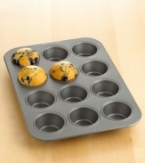 A baker's dozen right at your fingertips. Serve up deliciously moist treats with this 12-cup muffin pan. Features include nonstick interiors and exteriors for easy cleaning, no-hassle food release and optimum baking performance. Lifetime warranty.