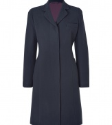 Luxury is in the length in this fine blazer coat designed in wool and cashmere - Feminine in a classic narrow-waisted cut - Features breast pocket, side pockets and concealed button placket - Falls at knee - All-around jacket fits jeans for a more casual look or dressed up at the office - Wear open with pencil skirt, silk blouse and peep-toe heels