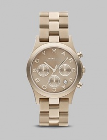 A beautiful monotone timepiece in light, modern aluminum. Quartz movement Water resistant to 5 ATM Round gold ion plated aluminum case, 40mm (1.6) Smooth bezel Gold ion-plated dial Logo markers Date display between 4 and 5 o'clock Second hand Gold ion-plated aluminum link bracelet, 20mm wide (0.8) Imported 