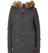 A chunky oversized knit and a luxe fur trimmed hood lend of-the-moment style to this Parajumpers cardigan - Fur-trimmed hood, concealed front zip with toggle button placket, red stitched welt pockets, chunky cable knit pattern, ribbed cuffs and hem - Wear with skinny jeans, a pullover, and wedge booties