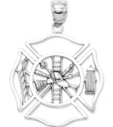 Honor a courageous fireman (or woman) with this symbolic charm. Crafted in 14k white gold, charm features a shield with a ladder, hat, and fire hydrant. Chain not included. Approximate length: 1-1/10 inches. Approximate width: 4/5 inch.