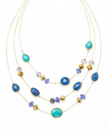 Infuse your look with summery style. Charter Club's three row illusion necklace shines with the addition of resin beads in varying shades of blue. Setting and beaded accents crafted from gold tone mixed metal. Approximate length: 15 inches + 2-inch extender. Approximate drop: 3 inches.