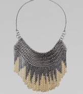 Positively dripping with fringe, this fabulous bib design has graduated two-tone chains cascading down the front.BrassLength, about 20Lobster claspImported