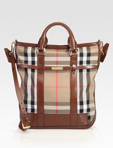 Iconic check highlights this structured bag of durable canvas, finished with rich leather trim and dual straps for versatility.Double top handles, 4 dropAdjustable removable shoulder strap, 22½-26 dropTop zip closureOne inside zip pocketThree inside open pocketsCotton lining14W X 14½H X 4DImported