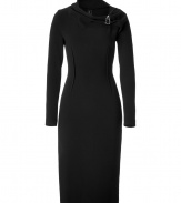 Luxurious dress in fine black virgin wool stretch - Wonderfully soft and flattering quality, particularly comfortable thanks to a little spandex content - A smashing dress with ultra elegant, figure-flattering d?collet? draping and decorative jeweled brooch - Long sleeves - Slim, sculpted to the body, with a sexy waist - In a classic just above the knee pencil length - A very special dress for very special occasions from cocktail parties to business appointments - A mega favorite dress for style-conscious fashionistas - Wear with exclusive pumps or booties