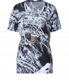 Luxurious top made ​.​.from fine black and charcoal grey printed cotton - Cool bird print - Long  silhouette, feminine fitted - With a round neck and short sleeves - A scoop top, as its trendy and comfortable - Pair with leather pants, a mini-skirt, skinny jeans