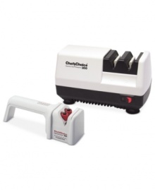 A 2-stage sharpener with 100% diamond abrasives and convenient, patented bi-level magnetic guides for ease of use totally transforms you kitchen knives taking them from dull & used to good as new. Including a bonus diamond-hone serrated knife sharpener, this duo rejuvenates every knife on the block. 1-year warranty. Model M300.