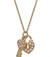 Put your heart under lock and key. This sweetly-shimmering heart lock and key pendant by B. Brilliant features round-cut cubic zirconias (1/6 ct. t.w.) in 18k gold over sterling silver. Approximate length: 18 inches + 3-inch extender. Approximate drop: 7/8 inch.