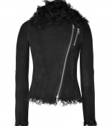 Make a stylish statement in this luxe shearling and suede jacket from McQ Alexander McQueen - Large shearling collar, asymmetrical zip closure, zip chest pockets, long sleeves, fitted silhouette, zipper-detailed cuffs, biker silhouette - Wear with skinny jeans, a cashmere sweater, and shearling ankle boots