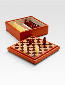 Become the king or queen of any party with a chess set handsomely crafted in leather-upholstered wood with an interlaced leather board. Set includes plastic chessmen and two blocknotes. From the Bugrane Collection 11¼W X 4½H X 11¼D Made in Italy