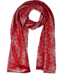 With a shimmer of metallic luster, Missonis tonal red zigzag knit scarf is a cool way to wear the brands iconic look - Allover metallic shimmer - Wear with a leather biker jacket and matching accessories