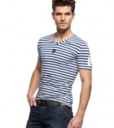 Casual, captain. This horizontal striped t-shirt is on-trend with your downtown style.