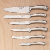 The Culinar line of Stainless Steel cutlery from Wuthof-Trident of Germany features sleek brushed stainless steel handles on their signature high carbon no stain blades. Available pieces: 8 Chef, 8 Bread, 6 Chef, 6 Sandwich, 5 Boning, 5 Tomato/Bagel, 4 Utility, 3.5 Parer, Diamond sharpening steel, 7 Santuko. Also available: 2pc Carve Set, 4pc Steak Set, 7pc Set and 10pc Set.