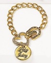 14 Kt. yellow goldplated brass. Link bracelet with clear crystal accents and Lady Juicy charm. Toggle closure.