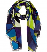 Luxurious shawl made ​.​.of fine, patterned wool - Elegant geometric Pucci print in blues and lemon and stylish fringed edges - Fashion upgrade for simple outfits - Wear with business suits and shift dresses or wear with jeans and a thin cashmere sweater