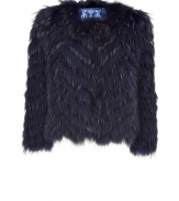 Standout in style with this cropped midnight blue fur jacket from Versace - Round neck, concealed front placket, three-quarter sleeves, chevron striped raccoon fur, cropped silhouette - Style with a slink cocktail sheath and statement heels