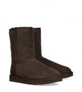 A true original and casually stylish go-to from UGG Australia, the classic chocolate short boot is a perennial must - Crafted from twin-faced sheepskin and featuring exposed seams, reinforced heel, traction outsole and signature UGG label - Fleece-lined for superior warmth and comfort - Shorter, mid-calf height ideal for wearing under or over pants - Truly versatile, perfect for pairing with everything from skinny jeans to yoga pants to mini-skirts