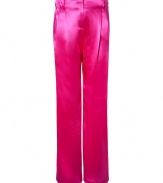 Take a radiant stance on style in Paul & Joes dazzling pink silk pants, tailored with a pleated front perfect for tucking in form-fitting tops or showcasing statement belts - Side and black slit pockets, hidden hook closure, belt loops - Easy liquid wide legged silhouette - Team with tissue tees and sky-high platforms, or wear with sharply cut blazers and streamlined nude accessories