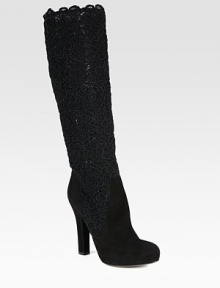 Semi-sheer floral lace pairs with suede in this tall silhouette on an elevated heel. Suede-covered heel, 4¾ (120mm)Lace and suede upperPull-on styleLeather lining and solePadded insoleMade in Italy