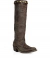 These stylish cowboy boots in dark-brown leather are from the hot Italian label, Golden Goose - Trendy vintage style creates a worn look - Extra tall, moderately large shank with gold studs, rounded cap, and wide timber sales - Contrasting stitching - Hidden zip at side - Wear with floral sundresses, short mini-skirts or billowing tunics