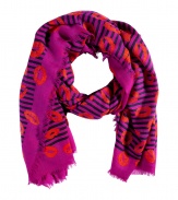 Show your romantic side with a pop of color and opt for Marc by Marc Jacobs stripe and lip printed wool scarf - Allover multicolored print, easy to style length, frayed edges - Pair with an elevated jeans-and-tee ensemble