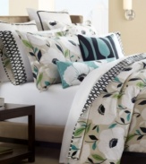 Beautifully bold poppies and colorful leaves dance across a serene neutral background in this modern comforter set from Echo. Featuring pure cotton sateen that reverses to an allover black and white geometric print. The coordinating solid green bedskirt finishes the look with a fresh, fashionable flair.