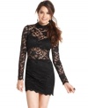 Sheer lace bares major skin on this bewitching little black dress from B Darlin! Style it with a pair of bold-hue pumps for a look that raises the temperature.