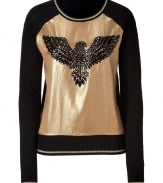 With a futuristic hammered silk front and glam embellished eagle, Juicy Coutures wool pullover is a chic way to add a rocknroll edge to your outfit - Round neckline, metallic trim, long sleeves, metallic trimmed cuffs, fine ribbed trim - Loosely fitted - Wear with leather leggings and shearling lined boots