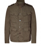 Stylish jacket in fine, sepia cotton stretch blend - A softer, lighter weight take on the classic military parka - Stand-up collar, epaulets and full-length button placket - Oversize flap pockets at chest and hips - Chic and utilitarian, a perfect blend of rugged and refined - Pair with jeans, chinos, or casual trousers