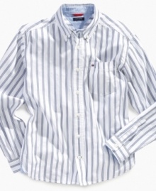 Crisp stripes make this comfortable cotton shirt from Tommy Hilfiger the perfect office casual style.