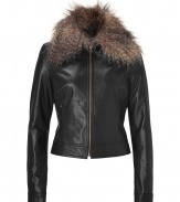 Finished with a dramatic textural faux fur collar, LAgences cropped leather jacket is an ultra luxe choice for dressing up your look - Pointed collar with removable faux fur option, long sleeves, buttoned cuffs, metal front zip, on-seam zippered front pockets - Tailored fit - Wear with everything from tees and jeans to cocktail dresses and heels