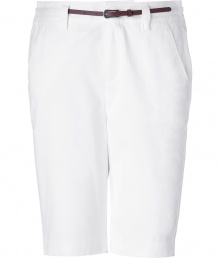 Bring high style to your casual look with these flattering and versatile Bermuda shorts from Steffen Schraut - Flat front, off-seam pockets, belted loops, detachable leather belt, back welt pockets with button - Style with a billowy blouse and heels for a dressed up day look, or a tee and sandals for effortless comfort