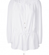 The traditional peasant blouse goes ultra-luxe with this chic silk version from Michael Kors - Wide bateau neckline with drawstring, long sleeves, drawstring waist, semi-sheer - Loosely draped silhouette - Style with slim jeans or a maxi skirt