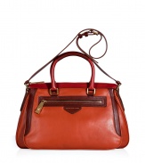 Detailed in rich autumnal shades with a practical belted shoulder strap, Marc by Marc Jacobs colorblocked leather bag is a cool way to flaunt your new season style - Zippered front pocket with turnlock zipper detail, embossed leather logo, top zip closure, belted shoulder strap, two-tone double top handles, inside zippered back wall pocket, two front wall slot pockets - The perfect amount of color to uplift dark-hued outerwear