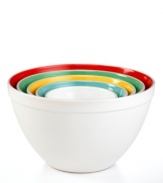 What's inside counts! Clean and simple on the outside, each durable ceramic bowl reveals a surprise colored interior that puts mixing, stirring and prepping fantastic meals on the bright side. The nesting design creates convenience when storing and organizing.