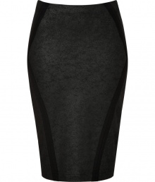 An exquisitely modern choice for business to cocktails looks, Donna Karans coated stretch pencil skirt cuts a flattering feminine figure no matter how you wear it - Black contoured seaming, elasticized waistline, pulls on - Form-fitting - Team with feminine tops and standout statement accessories