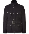 With edgy biker styling, this cashmere-and-wool-blend belted jacket from Belstaff elevates any ensemble - Stand collar with buckle detail, concealed front zipper placket with snaps, quilted shoulders, flap pockets, belted waist, slim fit - Pair with jeans and a tee and motorcycle boots or with slim trousers and trainers