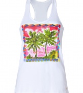 Inject island flavor into your causal-cool style with this palm tree printed tank from Juicy Couture - Scoop neck, sleeveless, racerback, palm tree front graphic - Style with denim shorts and embellished sandals or skinny jeans and ballet flats