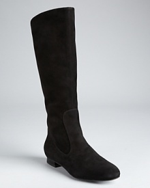 Suede lends a luxe touch and dressed-up wardrobe possibilities to flat riding boots; from Via Spiga.