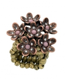 Add natural style just in time for spring. Create a romantic atmosphere with this fresh flower design by GUESS. Ring highlights sparkling crystal accents and colored beads in a tri tone mixed metal setting. Ring stretches to fit finger.