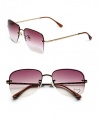 THE LOOKRectangular aviator silhouettePolycarbonate metal framesLogo at templesUV protectionSignature case includedTHE COLORLight gold frames with pink gradient lenses and rhinestone heart detailORIGINMade in France