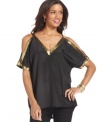 Go for glam with ECI's split-sleeve blouse, featuring a shimmering sequin trim.