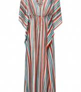 Make a dramatic poolside debut in Missonis ultra glamorous contrast striped kaftan - V-neckline in front and back, draped 3/4 length sleeves, drawstring waistline, sunset stitched trim - Softly fitted with an adjustable drawstring waistline - Pair with studded sandals and an oversized statement tote