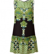 Work an opulent edge into your city-chic warm weather staples with Anna Suis printed bamboo shift - Wide neckline, thick straps, hidden back zip, dropped waistline, softly gathered skirt - Loosely fitted - Wear with black ballerinas and bright green accessories