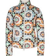 A fresh burst of color livens up a winter day with this mosaic ski jacket - Energizing multicolored pattern on quilted white synthetic fiber - Waisted cut, long, slim sleeves, high collar, full front zip and side zip pockets - Tapered cut for a flattering, feminine look - Wear on weekends away or on a chilly afternoon of errand-running