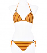 Make an eye-catching statement at the beach in Missonis bright lemon and sunset striped bikini, finished with modern ring hardware for a contemporary-chic twist - Self-tie orange string halter strap, hooked back - Self-tie side strings on bottom - Comes with a matching drawstring pouch - Wear with studded sandals and oversized statement totes