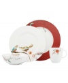 Make any meal sing with the irresistible watercolor scenes and new scarlet accents of Chirp dinnerware from Lenox Simply Fine. Fanciful birds and blooms play up a bone china place setting designed to transition flawlessly from oven to table. Qualifies for Rebate