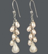 Shimmery chic. Clusters of cultured freshwater pearls (3-4 mm) and sparkling rose quartz (6-3/4 ct. t.w.) combine in these stunning drop earrings. Set in sterling silver. Approximate drop: 1-3/4 inches.