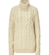 Super cozy in chic ecru stretch wool, Michael Kors cable knit pullover counts as an ultra luxe, multi-season must - Turtleneck, long sleeves, ribbed trim, slim straight fit - Pair with favorite skinnies and sleek ankle boots